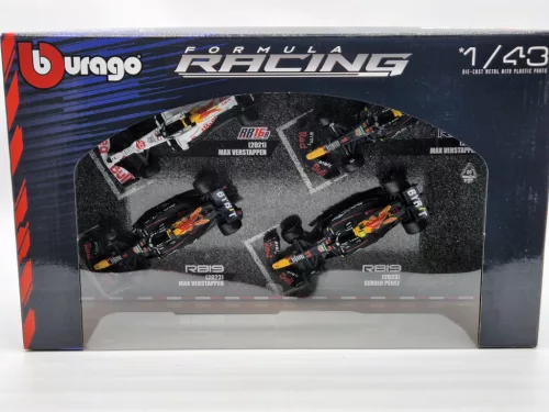 Red Bull F1 комплект - 2023 RB19 Max Verstappen - 2023 RB19 Sergio Perez (Miami) - 2022 RB18 Max Verstappen - 2021 RB16B Max Verstappen (Turkish GP) - Bburago -1:43