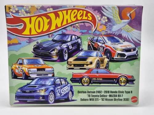 Hot Wheels Japan Theme - комплект от 6 броя в подаръчна кутия - Custom Datsun 240Z - 2018 Honda Civic Type R - 1970 Toyota Celica - Mazda RX-7 - Subaru WRX STi0 - 1982 Nissan Skyline R30 - Hot Wheels - 1:64