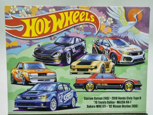 Hot Wheels Japan Theme - комплект от 6 броя в подаръчна кутия - Custom Datsun 240Z - 2018 Honda Civic Type R - 1970 Toyota Celica - Mazda RX-7 - Subaru WRX STi0 - 1982 Nissan Skyline R30 - Hot Wheels - 1:64