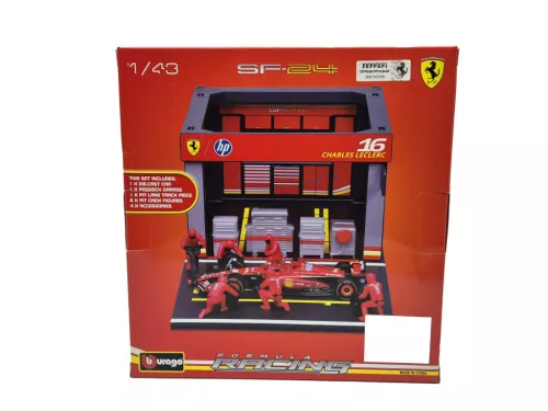 Ferrari Pit Stop - диорама комплект бокс - SF-24 F1 #16 (2024) - Charles Leclerc - с механици - Bburago - 1:43