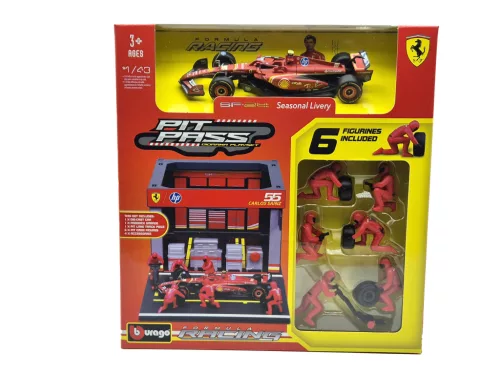 Ferrari Pit Stop - диорама комплект бокс - SF-24 F1 #55 (2024) - Carlos Sainz - с механици - Bburago - 1:43