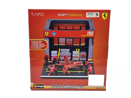 Ferrari Pit Stop - диорама комплект бокс - SF-24 F1 #55 (2024) - Carlos Sainz - с механици - Bburago - 1:43