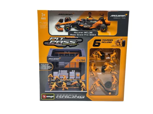 McLaren Pit Stop - диорама на бокс - MCL38 F1 #4 (2024) - Lando Norris - с механици - Bburago - 1:43