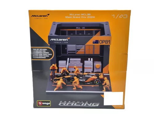 McLaren Pit Stop - диорама на бокс - MCL38 F1 #81 (2024) - Oscar Piastri - с механици - Bburago - 1:43
