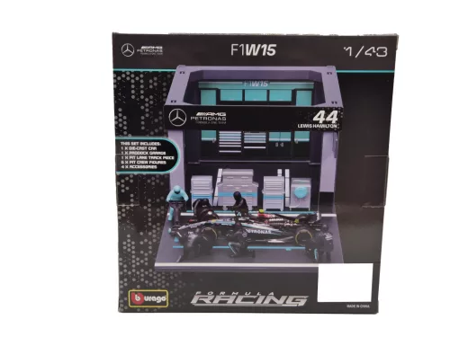 Mercedes Pit Stop - диорама на бокс - W14 EQ Performance F1 #44 (2023) - Lewis Hamilton - с механици - Bburago - 1:43