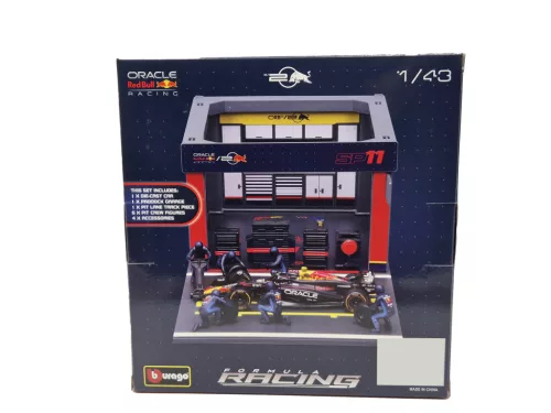 Red Bull Pit Stop - диорама на бокс - RB20 F1 #11 (2023) - Sergio Perez - с механици - Bburago - 1:43