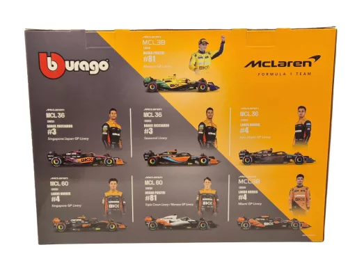 McLaren F1 комплект от 7 части - #3 Daniel Ricciardo (2022) - #4 Lando Norris (2022) - #4 Lando Norris (2023) - #81 Oscar Piastri (2023) - #4 Lando Norris (2024) - #81 Oscar Piastri (2024) - Bburago - 1:43