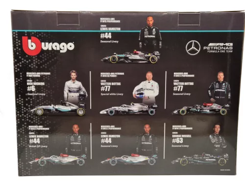 Mercedes F1 комплект от 7 части - #6 Nico Rosberg (2016) - #77 Valtteri Bottas (2019) - #77 Valtteri Bottas (2021) - #44 Lewis Hamilton (2022) - #44 Lewis Hamilton (2022) - #63 George Russel (2023) - #44 Lewis Hamilton (2024) - Bburago - 1:43