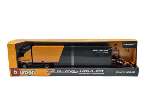 McLaren камион комплект - Mercedes Actros 2 Gigaspace - MCL38 F1 #4 - Lando Norris състезателен автомобил - Bburago - 1:43