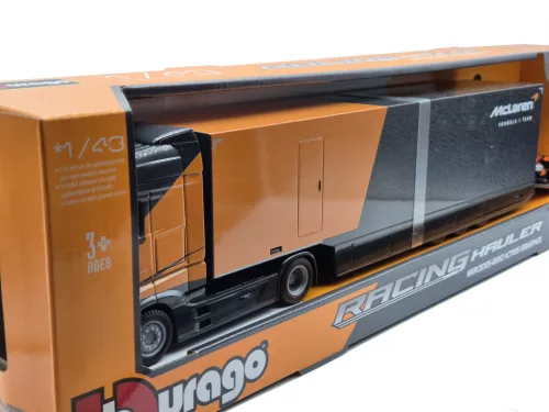 McLaren камион комплект - Mercedes Actros 2 Gigaspace - MCL38 F1 #4 - Lando Norris състезателен автомобил - Bburago - 1:43