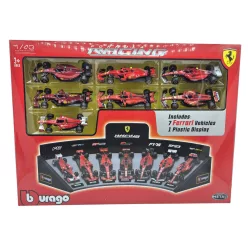   Ferrari F1 комплект от 7 части - SF-24 Charles Leclerc (2024) - F10 Fernando Alonso (2010) - SF71H Kimi Raikkonen (2018) - SF90 Sebastian Vettel (2019) - SF1000 Sebastian Vettel (2020) - F1-75 Charles Leclerc (2022) - SF-23 Carlos Sainz (2023) - Bburago