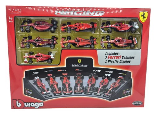 Ferrari F1 комплект от 7 части - SF-24 Charles Leclerc (2024) - F10 Fernando Alonso (2010) - SF71H Kimi Raikkonen (2018) - SF90 Sebastian Vettel (2019) - SF1000 Sebastian Vettel (2020) - F1-75 Charles Leclerc (2022) - SF-23 Carlos Sainz (2023) - Bburago