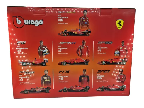 Ferrari F1 комплект от 7 части - SF-24 Charles Leclerc (2024) - F10 Fernando Alonso (2010) - SF71H Kimi Raikkonen (2018) - SF90 Sebastian Vettel (2019) - SF1000 Sebastian Vettel (2020) - F1-75 Charles Leclerc (2022) - SF-23 Carlos Sainz (2023) - Bburago