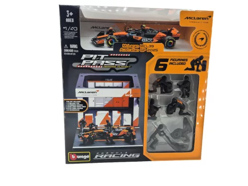 McLaren Pit Stop - диорама на бокс - MCL39 F1 #4 (2025) - Lando Norris - с механици - Bburago - 1:43