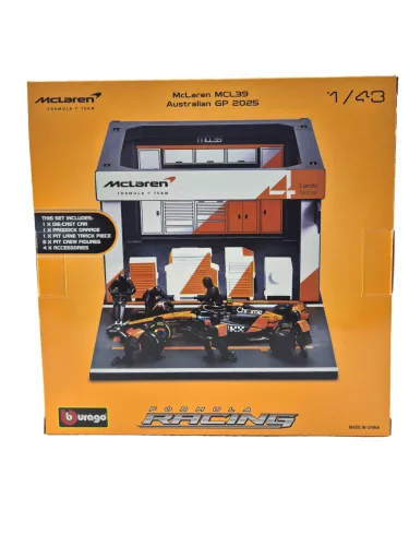 McLaren Pit Stop - диорама на бокс - MCL39 F1 #4 (2025) - Lando Norris - с механици - Bburago - 1:43