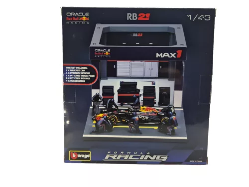 Red Bull Pit Stop - бокс, смяна на гуми диорама - RB21 F1 (2025) - #1 Max Verstappen - с механици - Bburago - 1:43