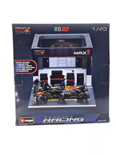 Red Bull Pit Stop - бокс, смяна на гуми диорама - RB21 F1 (2025) - #1 Max Verstappen - с механици - Bburago - 1:43