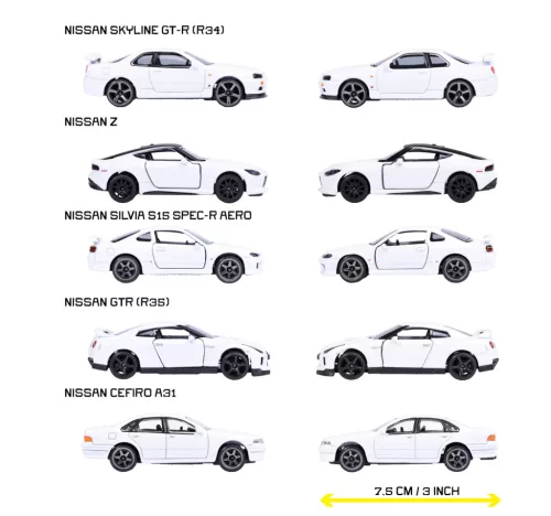 Nissan комплект от 5 броя - Nissan Silvia (S15) Spec-R Aero - Nissan GT-R (R35) - Nissan Skyline GT-R (R34) - Nissan Z - Nissan Cefiro (A31) - Majorette - 1:64